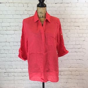 Ellen Tracy coral linen tunic w tab sleeve